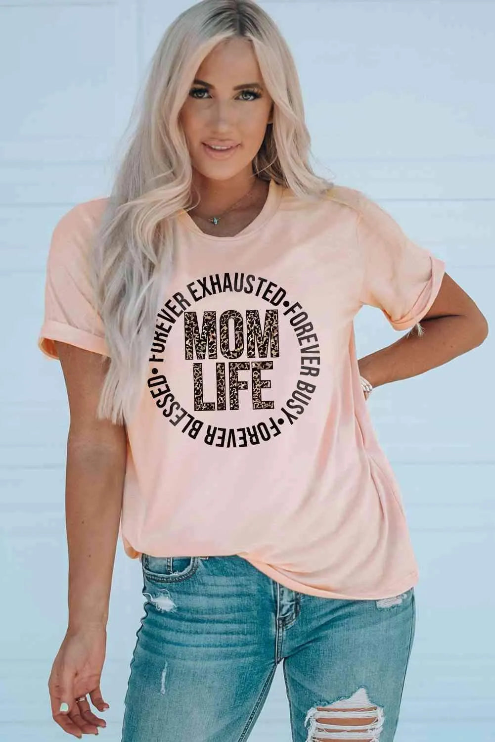 MOM LIFE Leopard Graphic Cuffed Tee Blush Pink Women's T-Shirts - Tophatter Daily Deals